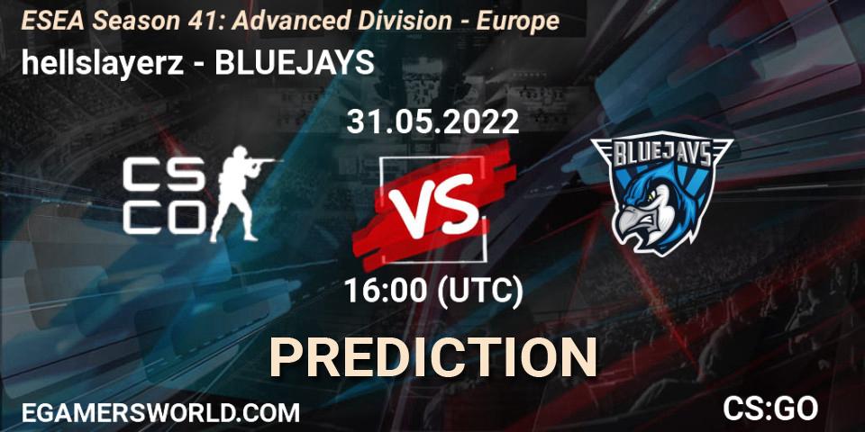 hellslayerz contre BLUEJAYS : prédiction de match. 31.05.2022 at 16:00. Counter-Strike (CS2), ESEA Season 41: Advanced Division - Europe