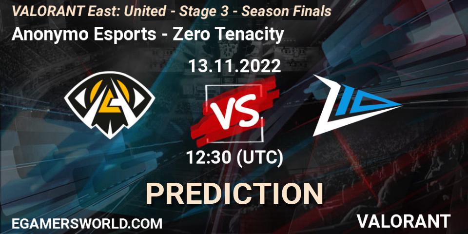 Anonymo Esports contre Zero Tenacity : prédiction de match. 13.11.2022 at 12:30. VALORANT, VALORANT East: United - Stage 3 - Season Finals