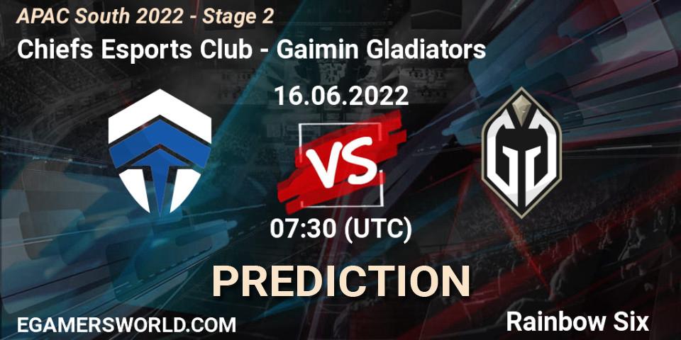 Chiefs Esports Club contre Gaimin Gladiators : prédiction de match. 16.06.2022 at 07:30. Rainbow Six, APAC South 2022 - Stage 2
