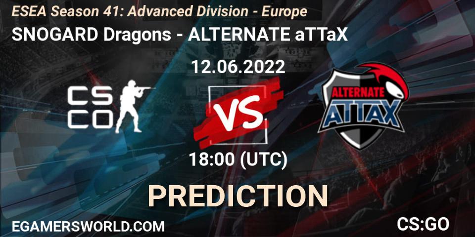 SNOGARD Dragons contre ALTERNATE aTTaX : prédiction de match. 12.06.2022 at 18:00. Counter-Strike (CS2), ESEA Season 41: Advanced Division - Europe
