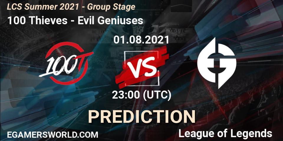 100 Thieves contre Evil Geniuses : prédiction de match. 01.08.2021 at 23:00. LoL, LCS Summer 2021 - Group Stage