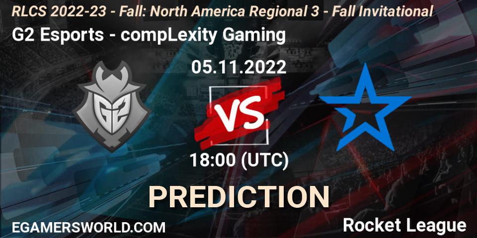 G2 Esports contre compLexity Gaming : prédiction de match. 05.11.2022 at 18:00. Rocket League, RLCS 2022-23 - Fall: North America Regional 3 - Fall Invitational