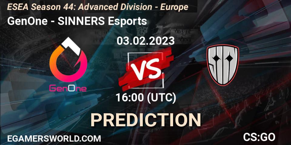 GenOne contre SINNERS Esports : prédiction de match. 03.02.23. CS2 (CS:GO), ESEA Season 44: Advanced Division - Europe