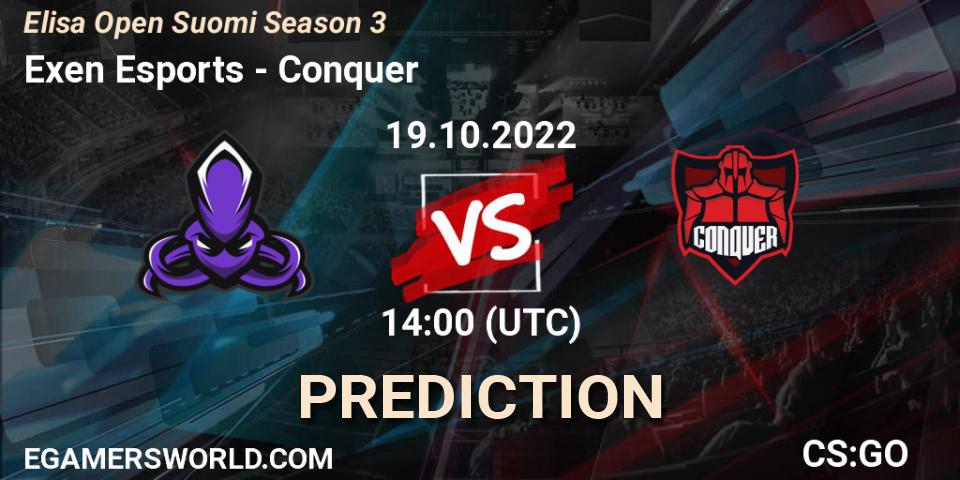 Exen Esports contre Conquer : prédiction de match. 19.10.2022 at 14:00. Counter-Strike (CS2), Elisa Open Suomi Season 3