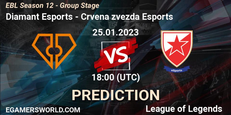 Diamant Esports contre Crvena zvezda Esports : prédiction de match. 25.01.2023 at 18:00. LoL, EBL Season 12 - Group Stage