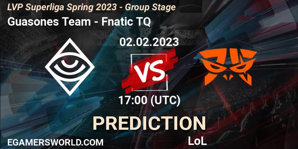 Guasones Team contre Fnatic TQ : prédiction de match. 02.02.2023 at 17:00. LoL, LVP Superliga Spring 2023 - Group Stage