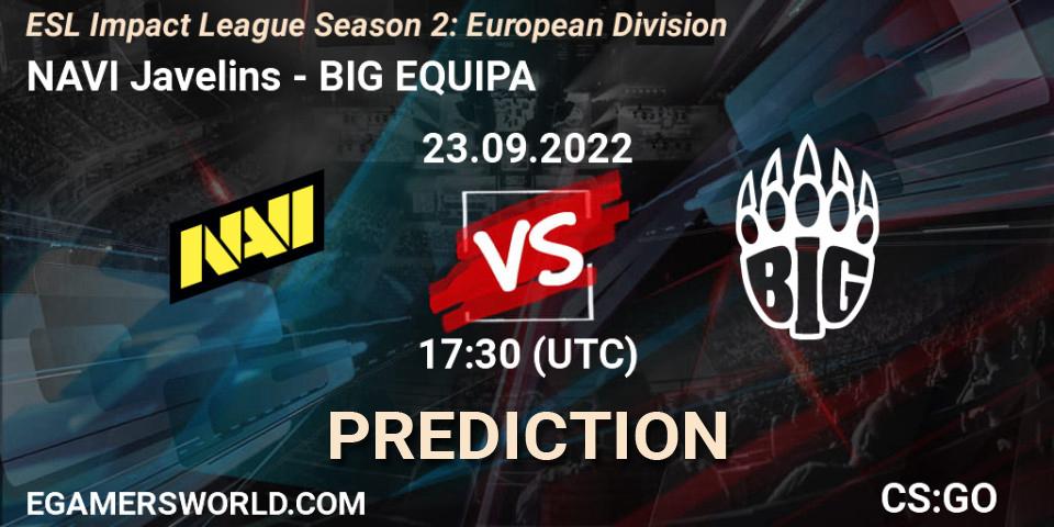 NAVI Javelins contre BIG EQUIPA : prédiction de match. 23.09.2022 at 17:30. Counter-Strike (CS2), ESL Impact League Season 2: European Division