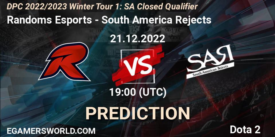 Randoms Esports contre South America Rejects : prédiction de match. 21.12.2022 at 19:01. Dota 2, DPC 2022/2023 Winter Tour 1: SA Closed Qualifier