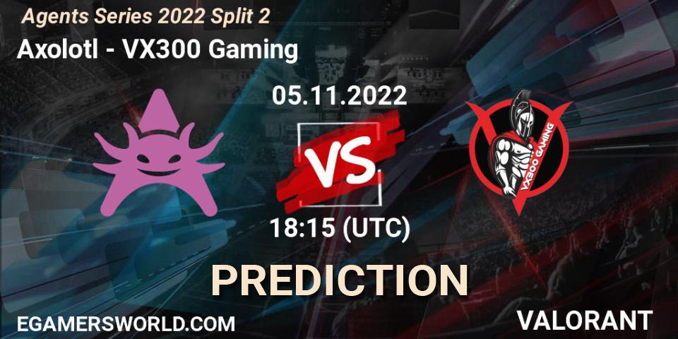 Axolotl contre VX300 Gaming : prédiction de match. 05.11.2022 at 18:15. VALORANT, Agents Series 2022 Split 2