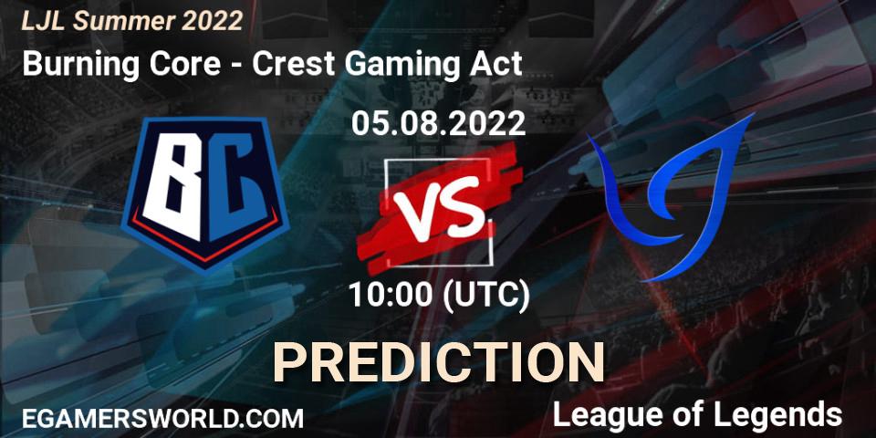 Burning Core contre Crest Gaming Act : prédiction de match. 05.08.2022 at 10:00. LoL, LJL Summer 2022