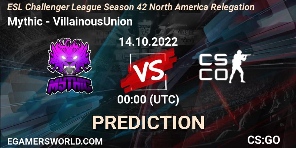 Mythic contre VillainousUnion : prédiction de match. 14.10.2022 at 00:00. Counter-Strike (CS2), ESL Challenger League Season 42 North America Relegation
