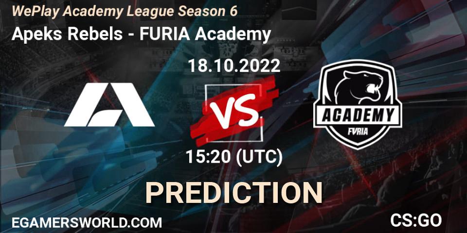 Apeks Rebels contre FURIA Academy : prédiction de match. 18.10.2022 at 15:50. Counter-Strike (CS2), WePlay Academy League Season 6