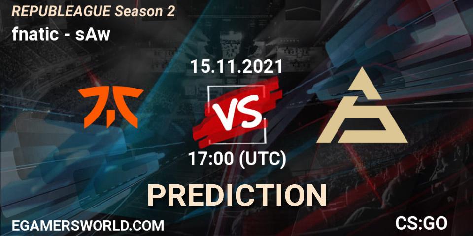 fnatic contre sAw : prédiction de match. 15.11.2021 at 18:00. Counter-Strike (CS2), REPUBLEAGUE Season 2
