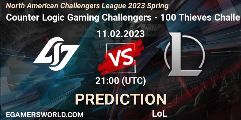 Counter Logic Gaming Challengers contre 100 Thieves Challengers : prédiction de match. 11.02.2023 at 21:00. LoL, NACL 2023 Spring - Group Stage