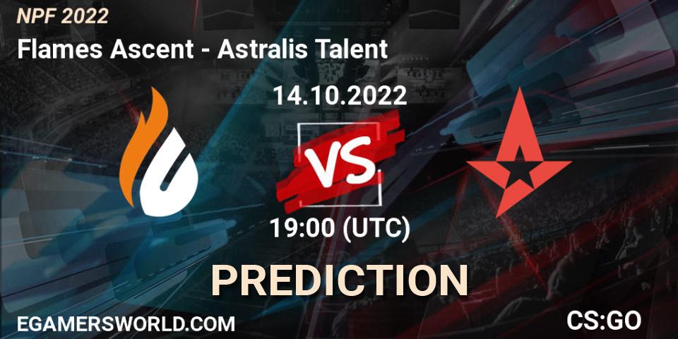Flames Ascent contre Astralis Talent : prédiction de match. 14.10.2022 at 20:00. Counter-Strike (CS2), NPF 2022