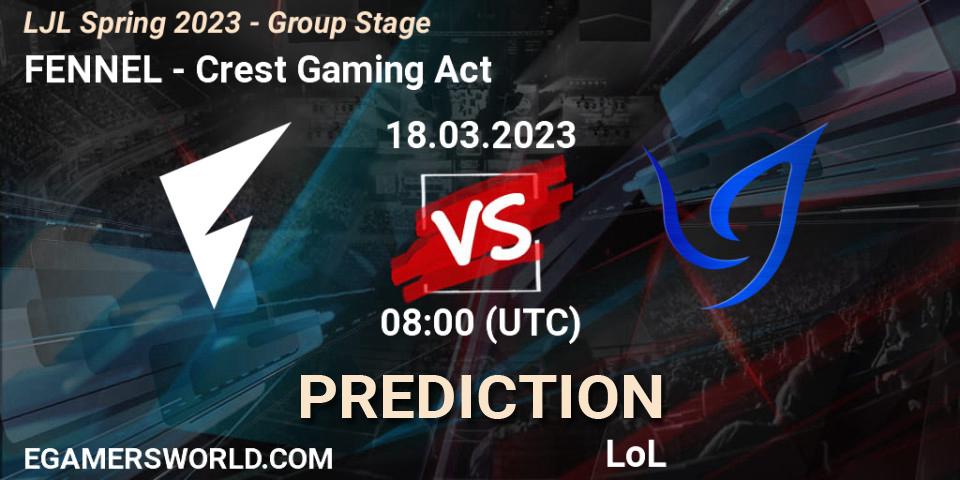 FENNEL contre Crest Gaming Act : prédiction de match. 18.03.2023 at 08:00. LoL, LJL Spring 2023 - Group Stage