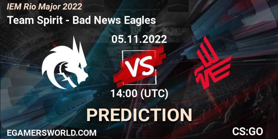 Team Spirit contre Bad News Eagles : prédiction de match. 05.11.2022 at 14:00. Counter-Strike (CS2), IEM Rio Major 2022