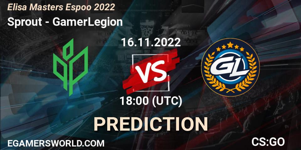 Sprout contre GamerLegion : prédiction de match. 16.11.2022 at 19:45. Counter-Strike (CS2), Elisa Masters Espoo 2022