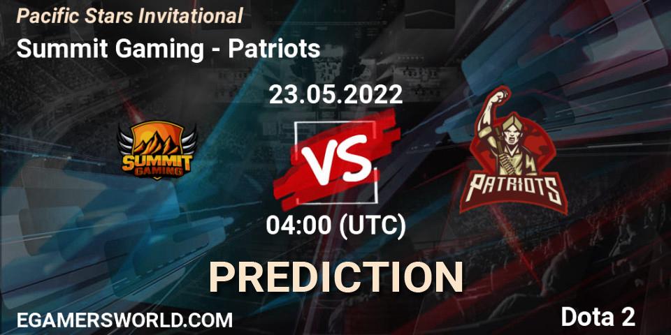 Summit Gaming contre Patriots : prédiction de match. 23.05.2022 at 05:00. Dota 2, Pacific Stars Invitational