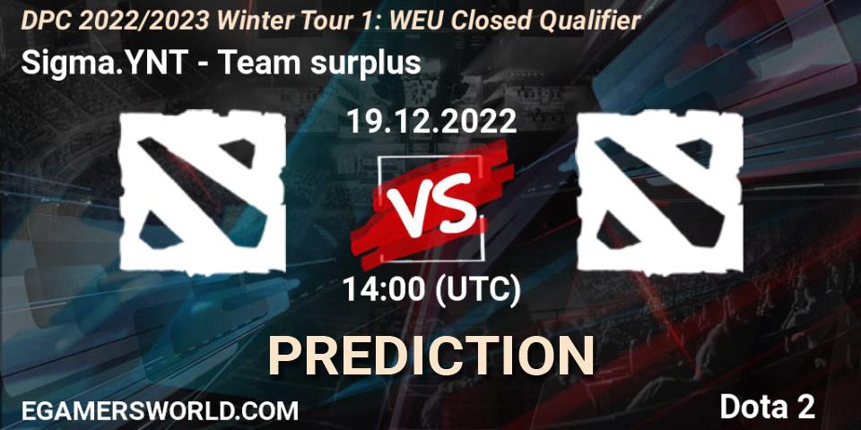 Sigma.YNT contre Team surplus : prédiction de match. 19.12.2022 at 13:48. Dota 2, DPC 2022/2023 Winter Tour 1: EEU Closed Qualifier