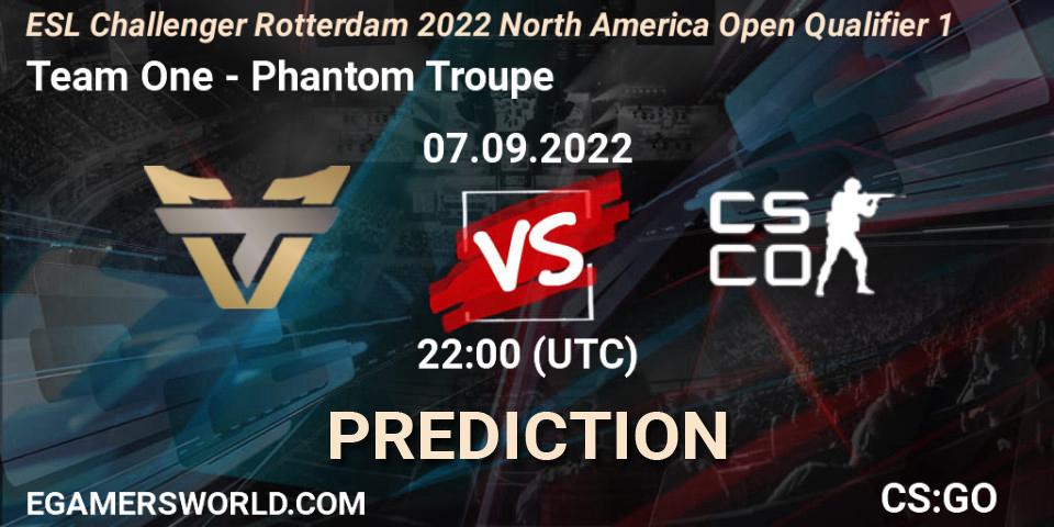 Team One contre Phantom Troupe : prédiction de match. 07.09.2022 at 22:10. Counter-Strike (CS2), ESL Challenger Rotterdam 2022 North America Open Qualifier 1