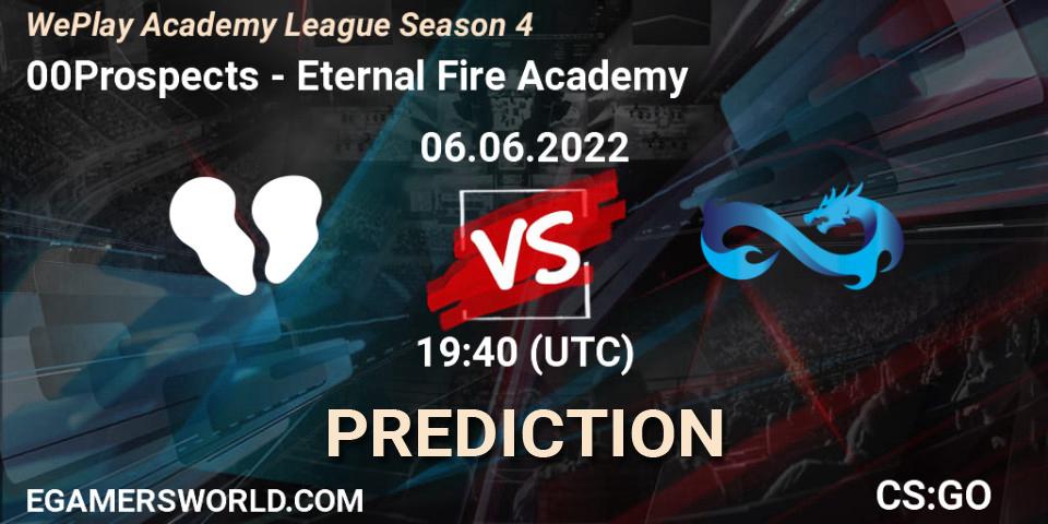 00Prospects contre Eternal Fire Academy : prédiction de match. 06.06.2022 at 19:40. Counter-Strike (CS2), WePlay Academy League Season 4
