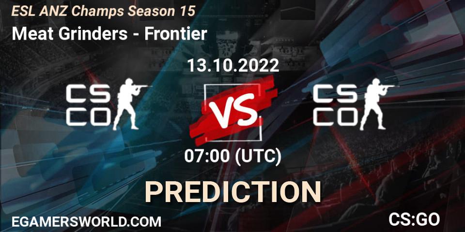 Meat Grinders contre Frontier : prédiction de match. 13.10.2022 at 07:30. Counter-Strike (CS2), ESL ANZ Champs Season 15