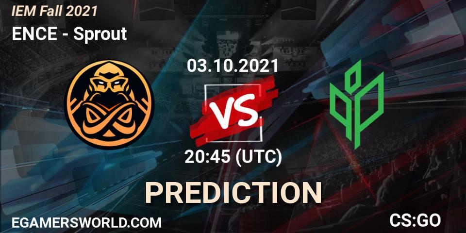 ENCE contre Sprout : prédiction de match. 03.10.2021 at 20:15. Counter-Strike (CS2), IEM Fall 2021: Europe RMR