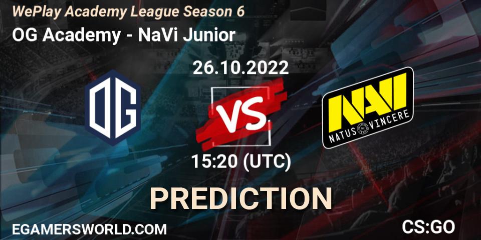 OG Academy contre NaVi Junior : prédiction de match. 26.10.2022 at 15:35. Counter-Strike (CS2), WePlay Academy League Season 6