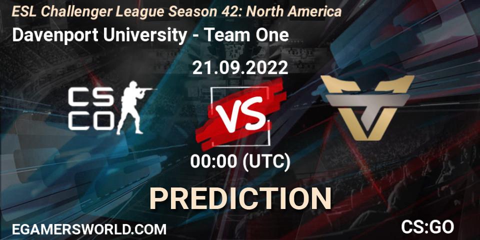 Davenport University contre Team One : prédiction de match. 21.09.2022 at 00:00. Counter-Strike (CS2), ESL Challenger League Season 42: North America