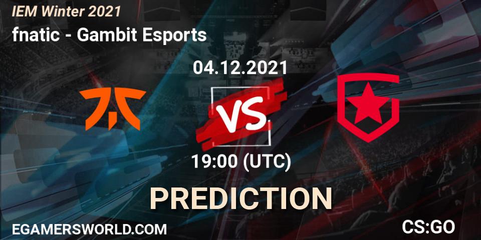fnatic contre Gambit Esports : prédiction de match. 04.12.2021 at 20:45. Counter-Strike (CS2), IEM Winter 2021