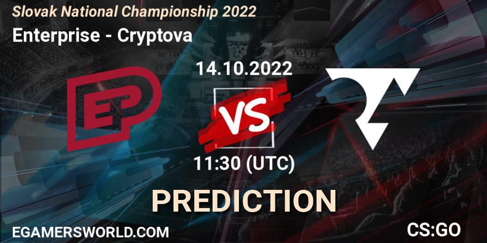 Enterprise contre Cryptova : prédiction de match. 14.10.2022 at 11:50. Counter-Strike (CS2), Slovak National Championship 2022