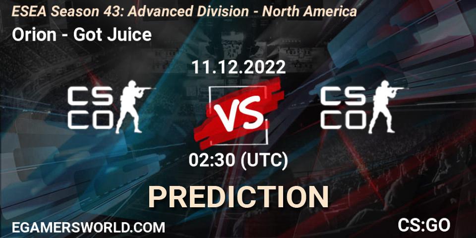 Orion contre Got Juice : prédiction de match. 11.12.2022 at 02:30. Counter-Strike (CS2), ESEA Season 43: Advanced Division - North America
