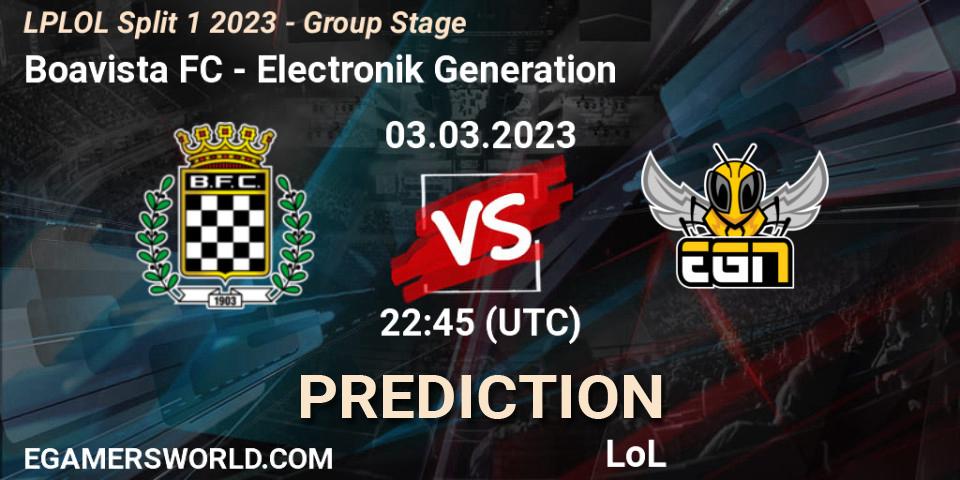 Boavista FC contre Electronik Generation : prédiction de match. 03.02.2023 at 22:45. LoL, LPLOL Split 1 2023 - Group Stage