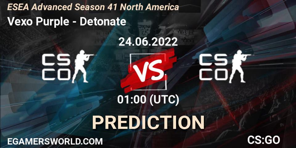 Vexo Purple contre Detonate : prédiction de match. 24.06.2022 at 01:00. Counter-Strike (CS2), ESEA Advanced Season 41 North America