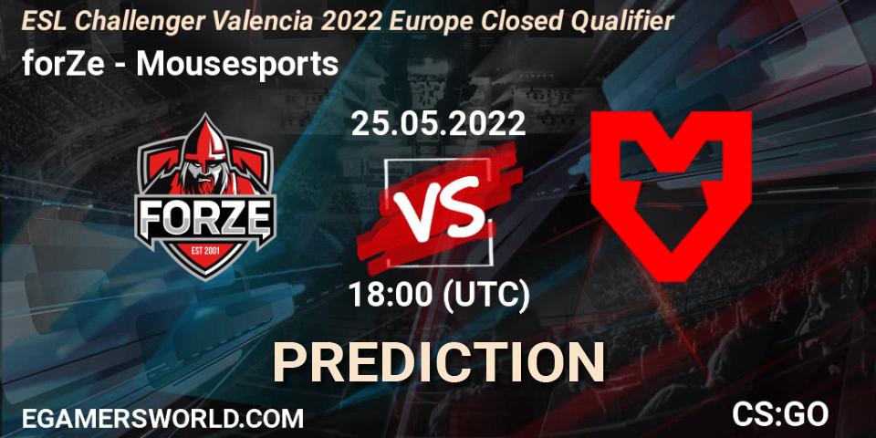 forZe contre Mousesports : prédiction de match. 25.05.2022 at 18:00. Counter-Strike (CS2), ESL Challenger Valencia 2022 Europe Closed Qualifier