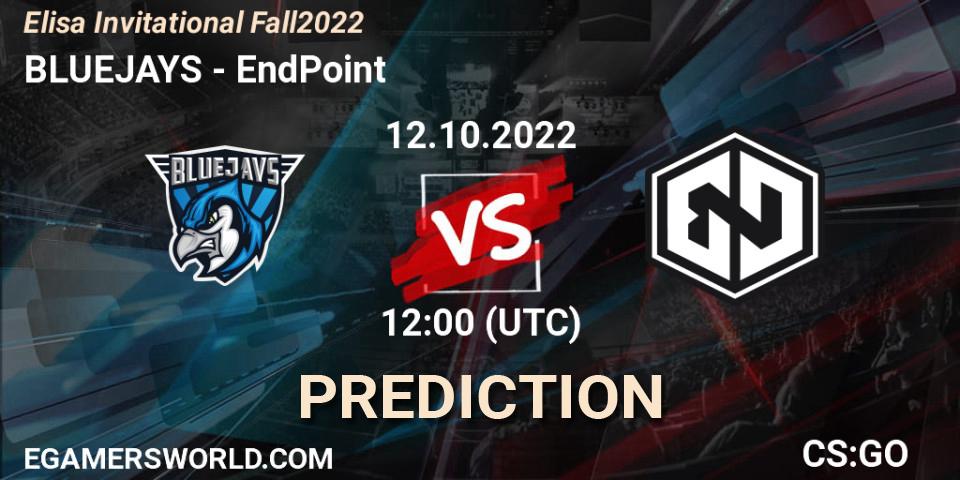 BLUEJAYS contre EndPoint : prédiction de match. 12.10.2022 at 12:00. Counter-Strike (CS2), Elisa Invitational Fall 2022