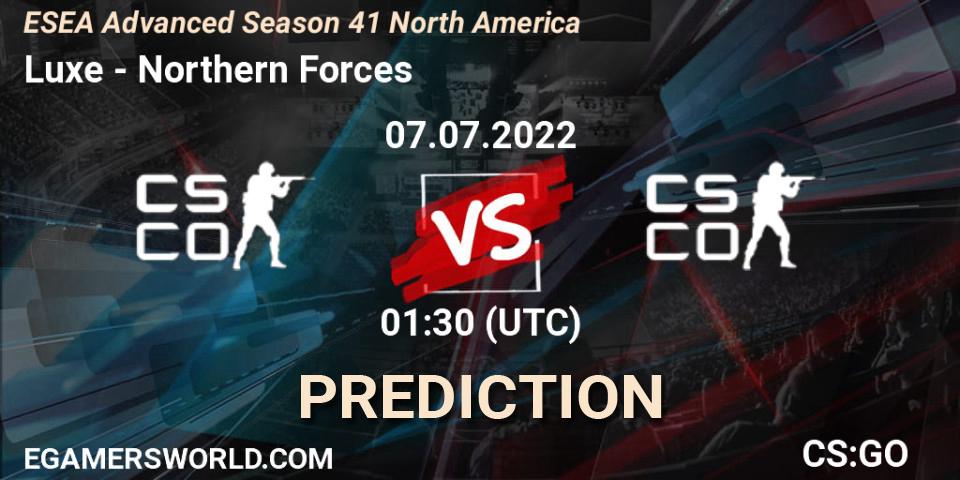 Luxe contre Northern Forces : prédiction de match. 06.07.2022 at 01:00. Counter-Strike (CS2), ESEA Advanced Season 41 North America