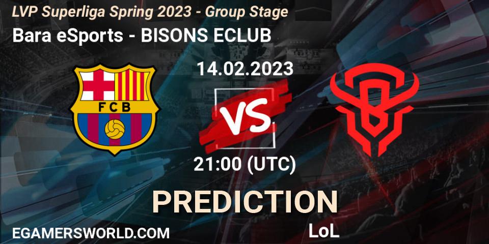 Barça eSports contre BISONS ECLUB : prédiction de match. 14.02.2023 at 21:00. LoL, LVP Superliga Spring 2023 - Group Stage