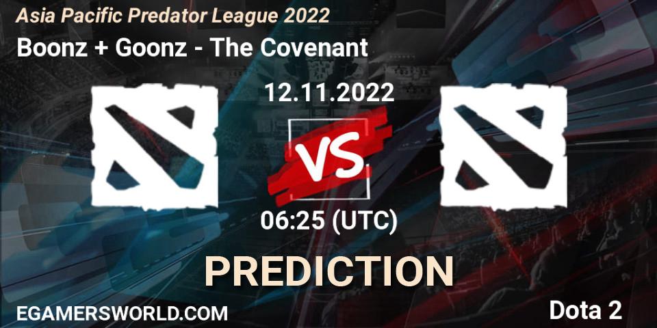 Boonz + Goonz contre The Covenant : prédiction de match. 12.11.2022 at 06:25. Dota 2, Asia Pacific Predator League 2022