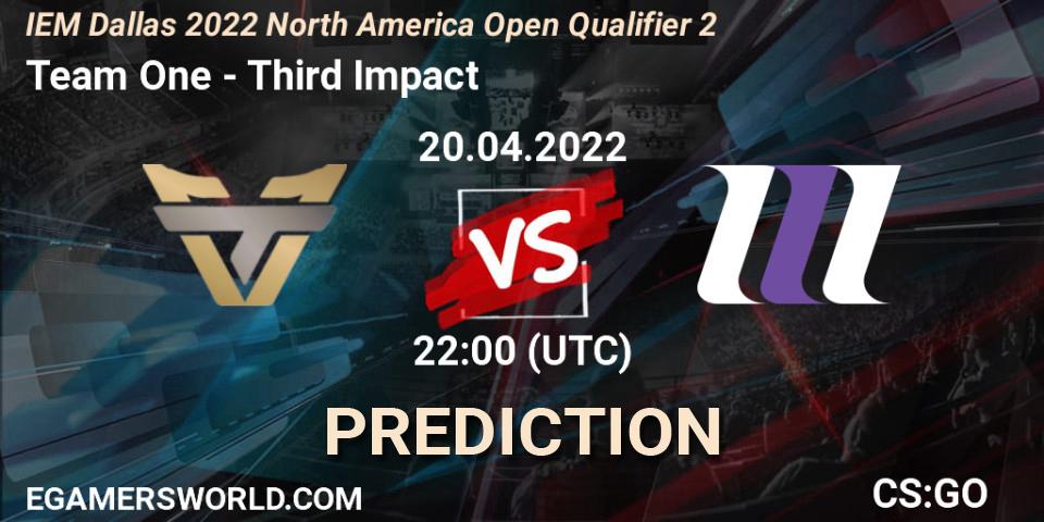 Team One contre Third Impact : prédiction de match. 20.04.2022 at 22:00. Counter-Strike (CS2), IEM Dallas 2022 North America Open Qualifier 2