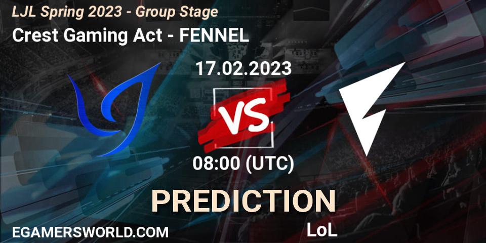 Crest Gaming Act contre FENNEL : prédiction de match. 17.02.2023 at 08:00. LoL, LJL Spring 2023 - Group Stage