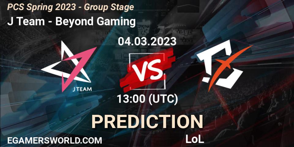 J Team contre Beyond Gaming : prédiction de match. 12.02.2023 at 13:00. LoL, PCS Spring 2023 - Group Stage