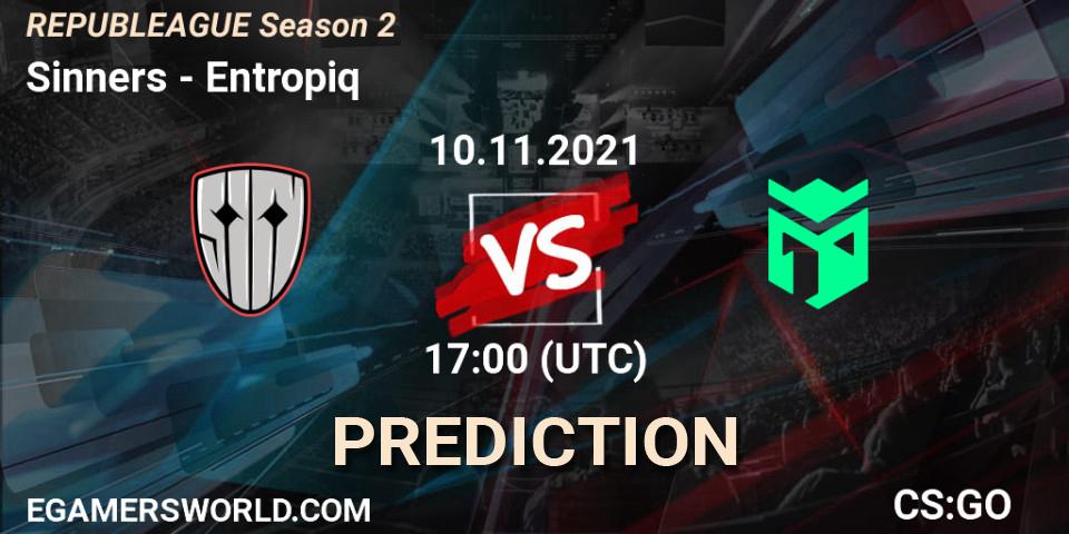 Sinners contre Entropiq : prédiction de match. 10.11.2021 at 18:55. Counter-Strike (CS2), REPUBLEAGUE Season 2
