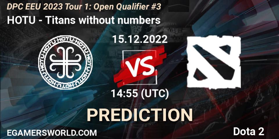 HOTU contre Titans without numbers : prédiction de match. 15.12.2022 at 14:55. Dota 2, DPC EEU 2023 Tour 1: Open Qualifier #3