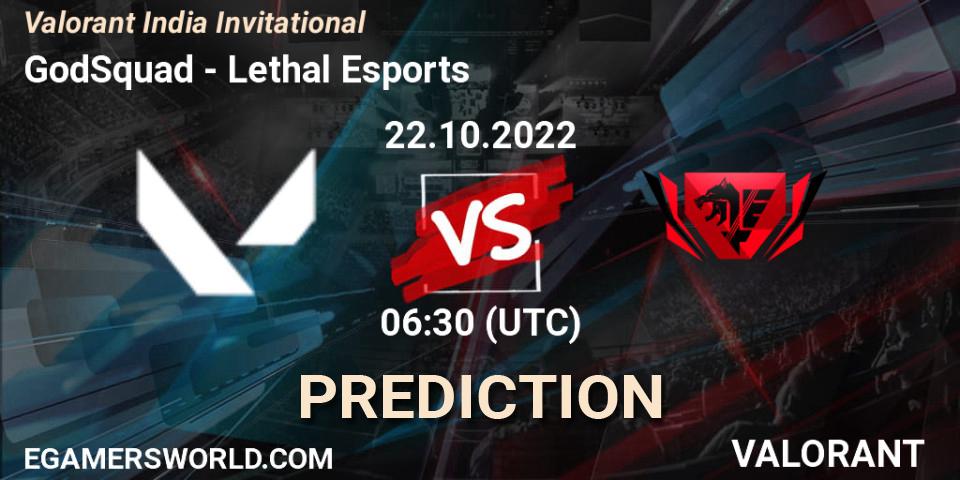 GodSquad contre Lethal Esports : prédiction de match. 22.10.2022 at 07:00. VALORANT, Valorant India Invitational