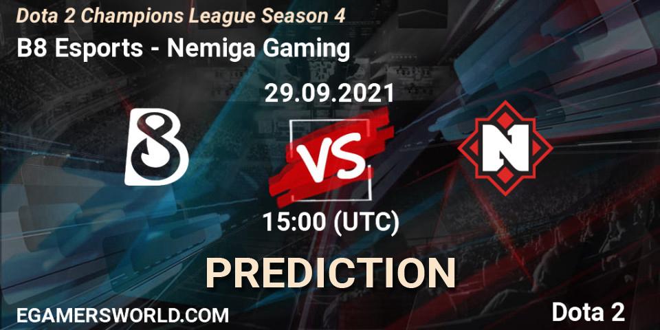 B8 Esports contre Nemiga Gaming : prédiction de match. 29.09.2021 at 15:01. Dota 2, Dota 2 Champions League Season 4