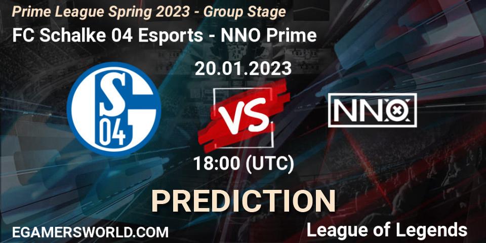 FC Schalke 04 Esports contre NNO Prime : prédiction de match. 20.01.2023 at 21:00. LoL, Prime League Spring 2023 - Group Stage