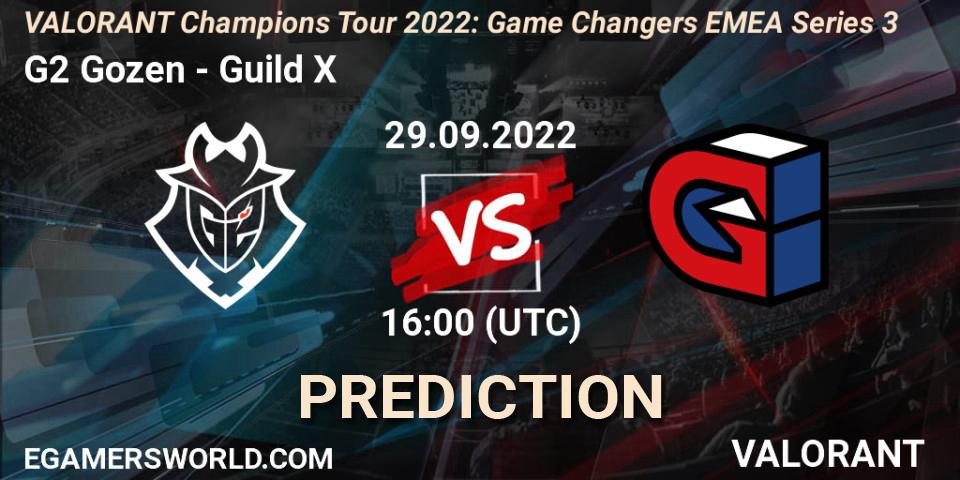 G2 Gozen contre Guild X : prédiction de match. 29.09.2022 at 16:00. VALORANT, VCT 2022: Game Changers EMEA Series 3