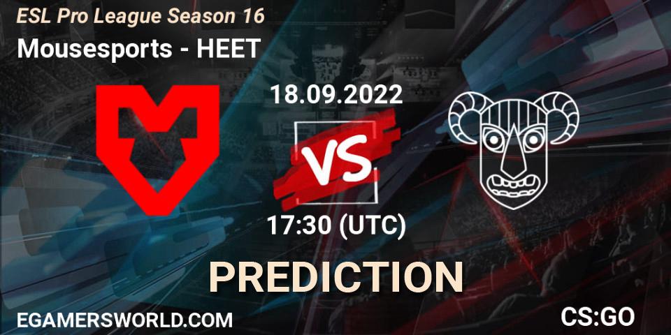Mousesports contre HEET : prédiction de match. 18.09.2022 at 17:30. Counter-Strike (CS2), ESL Pro League Season 16